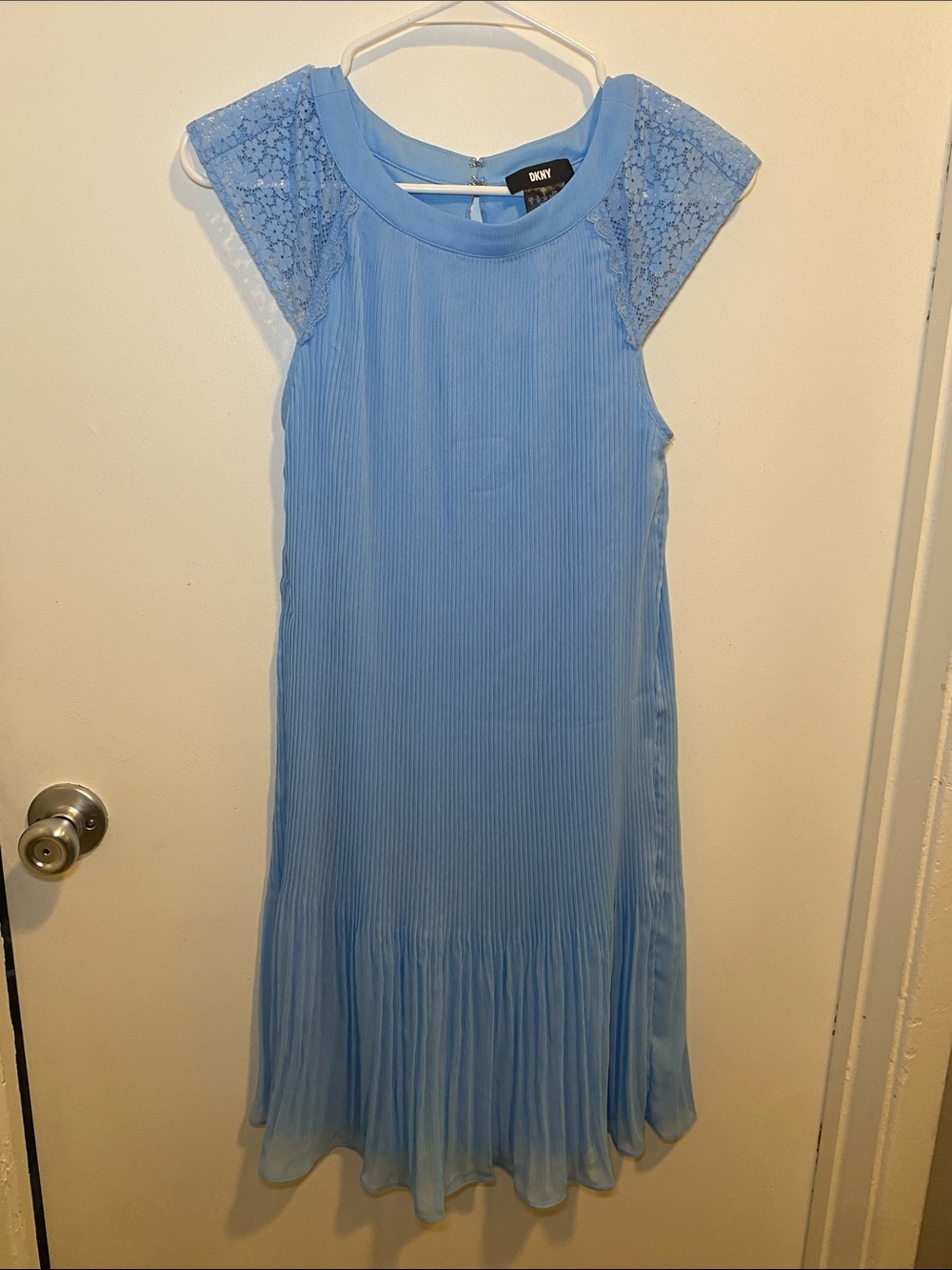 DKNY Sky Blue Pleated Midi Dress with Lace Cap Sleeves